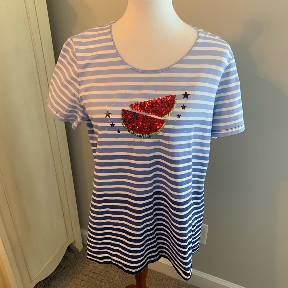 Kim Rogers Blue & White Striped Short Sleeve Tee with Red Sequin Watermelon